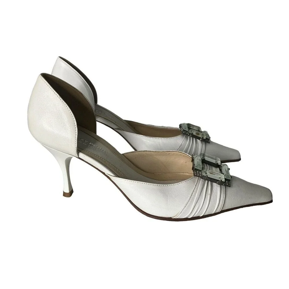 Lindsay‎ Perry Made in Italy White Leather Pointed Toe Heels Rhinestone 6 /36.5